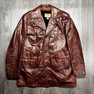 Vintage Louvain West Brown Leather Large Jacket Borg Faux Fur Lined Coat Mens 40